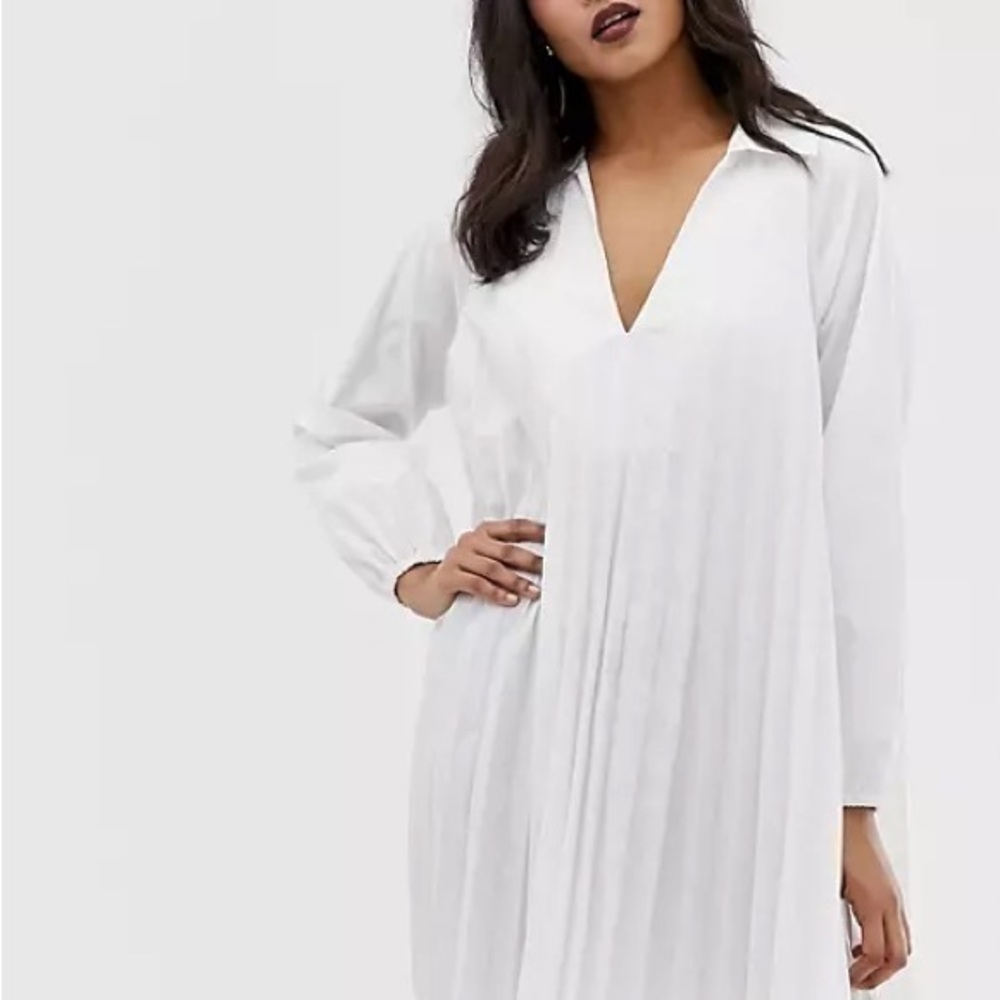 ASOS DESIGN long sleeve pleated white cotton tunic blouse top Size 4